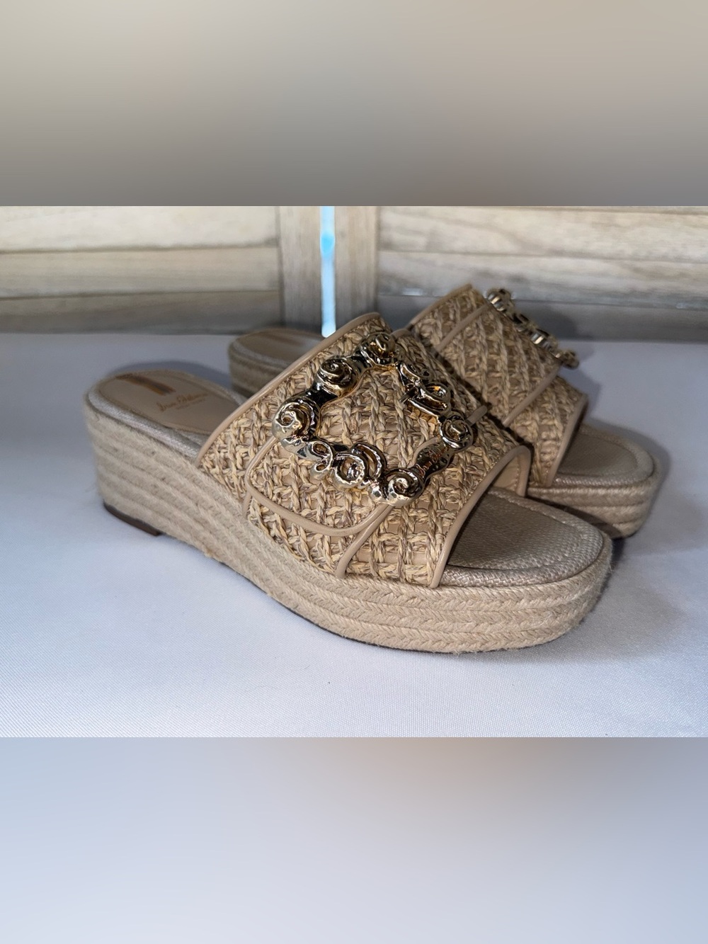 Sam Edelman Celia Woven Straw Raffia Espadrille Wedge Slide Sandals Tan Size 8